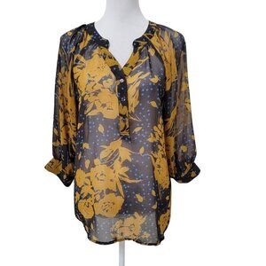 Olivia Moon Size S Navy & Golden Yellow-Brown Floral & Dotted Chiffon Blouse